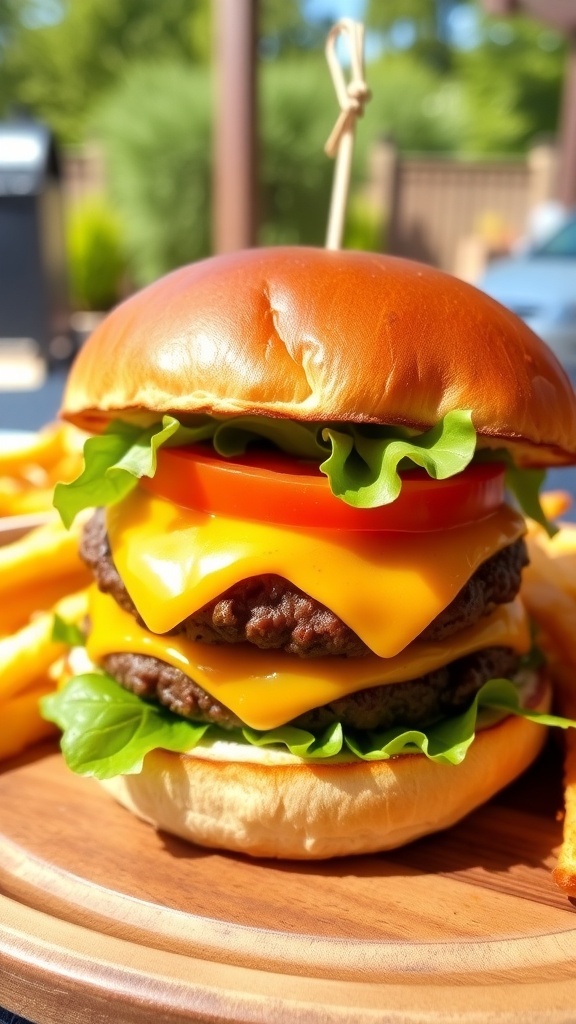 A juicy hamburger with cheese, lettuce, and tomato on a bun, served with fries.